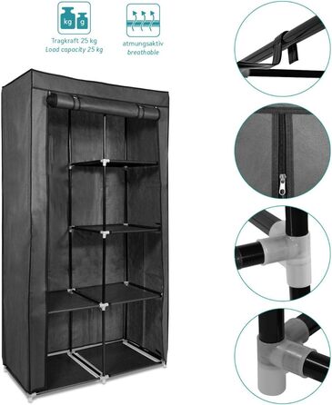 Navaris Fabric Wardrobe with Clothes Rail - Folding Wardrobe 88x170x45cm with Rail - Large, Stable Closet - Foldable Fabric Wardrobe made of Nonwoven Fabric in Light Grey (Anthracite)