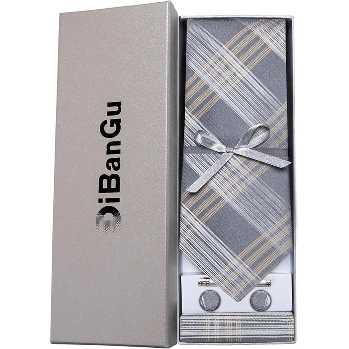 Набір краваток чоловічий DiBanGu з шовковим смугастим та клітинчастим малюнком, з нагрудною хустиною, запонками та краваткотримачем для весілля та офіційних заходів (світло-сірий у клітинку)