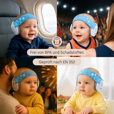 Навушники для захисту вух дитини 3-6 років - комфортні, сертифіковані CE, білий/блакитний. Захист від шуму для концертів, подорожей та повсякденного використання. Без тиску на велике джерельце.