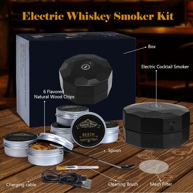 Електричний набір для копчення коктейлів з 6 видами дерев'яної стружки, перезаряджуваний інфузор для віскі, подарунок для любителів коктейлів, чоловіків, батька, чоловіка