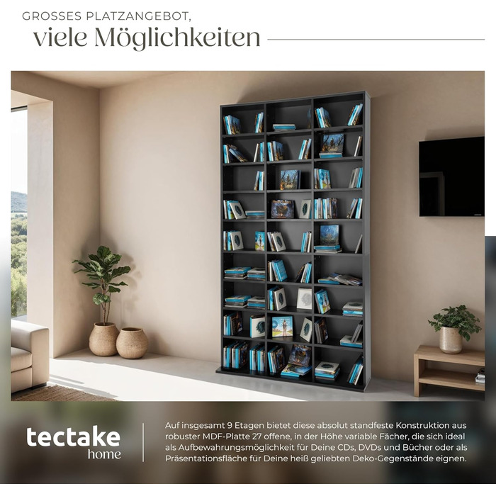tectake Regal Storage, open shelf cabinet standing for CDs, DVDs, as a bookcase, room divider, stand or display case for collections and hobbies - black