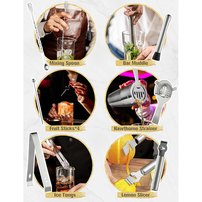 Набір для коктейлів YISSVIC 22 частини: шейкер, мірні склянки, ложка, наливник, підставка з бамбука. Подарунок для професіоналів та початківців