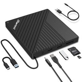 Зовнішній CD/DVD привід USB 3.0 Type-C з картридером SD/TF, портативний RW-записувач для ноутбука, ПК, MacBook (Windows, macOS, Linux) — Чорний