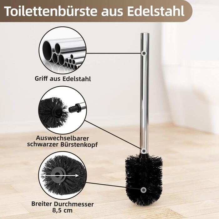 Stainless Steel Toilet Paper Holder Stand with WC Brush - Free Standing Toilet Brush and Toilet Paper Roll Holder with Glass Shelf (Silver)