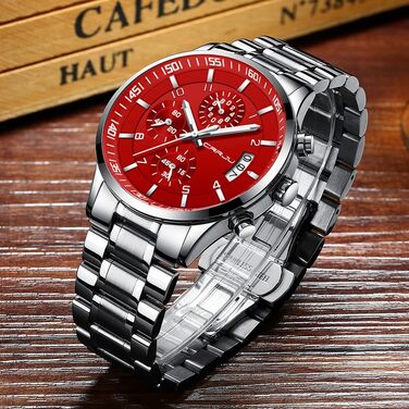 Чоловічий годинник CRRJU Business з нержавіючої сталі, водонепроникний хронограф з календарем, аналоговий кварцовий годинник з нержавіючої сталі (сріблястий, червоний)