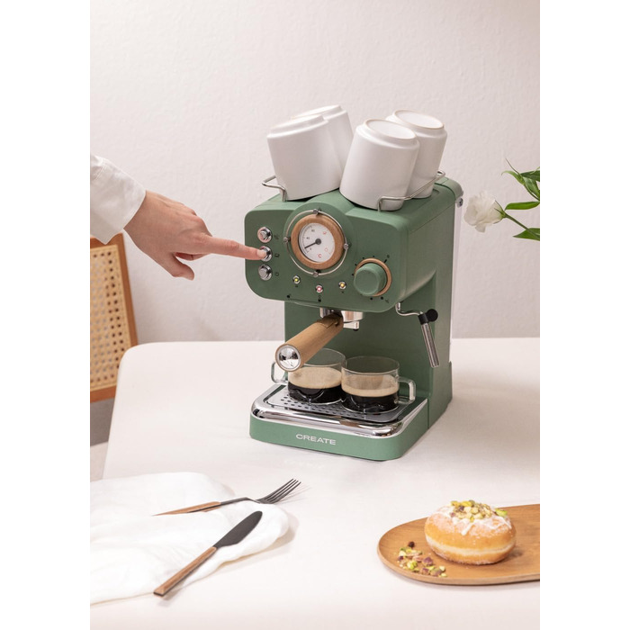 CREATE / THERA MATT RETRO/Espresso Machine Cream White Matt and Wood/Semi-Automatic, with a 15 bar pump and 1100W, 1.25L water tank, for ground coffee, 55 mm. ESE Pads (Green-Sage Matt - Wood)