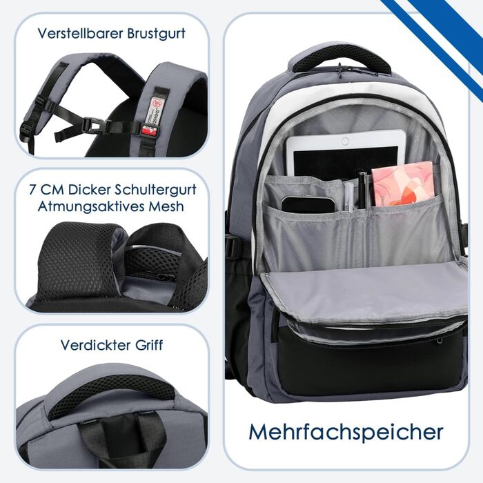 Шкільний рюкзак для підлітків, хлопчиків, водонепроникний, сірий. Ідеально для школи, коледжу, роботи.