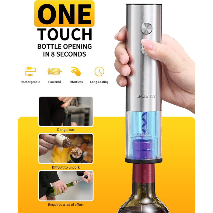 Електричний відкривачка вин CIRCLE JOY 6-в-1 з зарядною станцією, комплект з нержавіючої сталі, з обрізачем фольги, аератором та 2 вакуумними закривачами