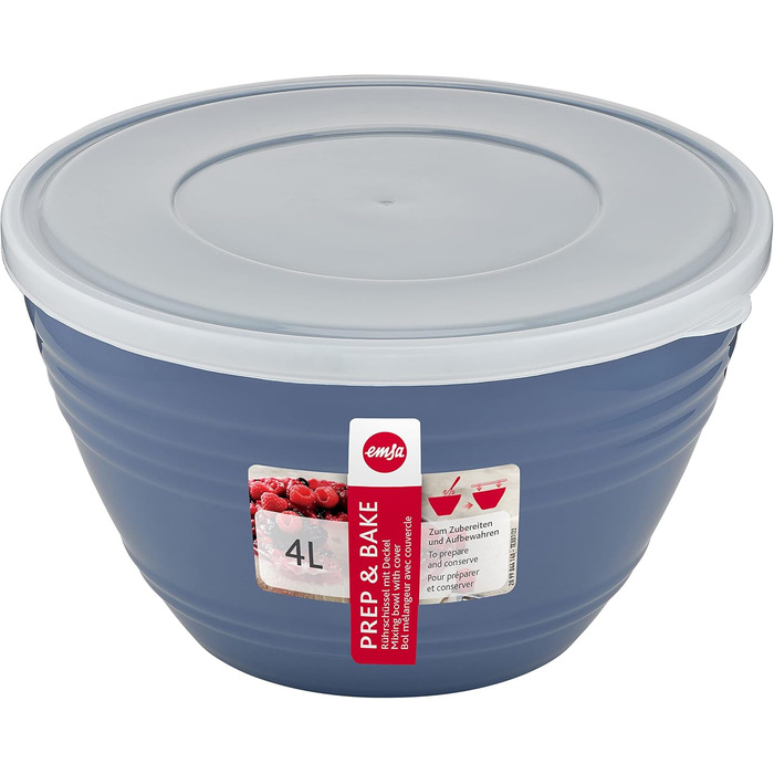Emsa Prep&Bake Plastic Mixing Bowl 4.15 L, with a preserving lid for refrigerator storage, non-slip base, perfect stability when mixing, dishwasher-safe, stackable K32541