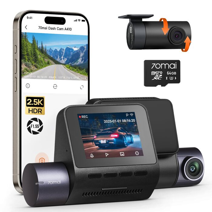 Відеореєстратор 70mai A410 Dual 2.5K + 1080P з GPS, Wi-Fi, HDR, нічним баченням та картою 64GB