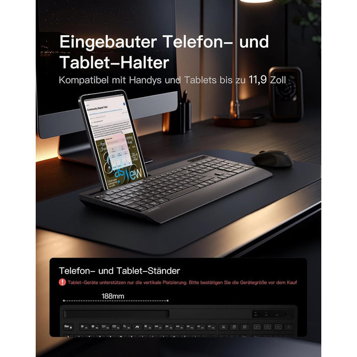 Inateck Бездротовий Комплект Клавіатури та Миші з Підсвічуванням, QWERTZ, з Підтримкою Bluetooth, з Підкладкою під Руку, для Mac, Windows, Laptop, PC, Smart TV, KB06006