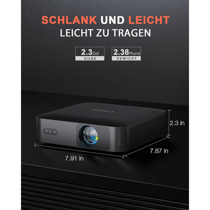 Проектор VOPLLS Mini Beamer 1080P Full HD 4K з автофокусом, корекцією трапецеїдальних спотворень, WiFi6, Bluetooth, 23000 люмен, 360° обертання, для домашнього кінотеатру та мобільних пристроїв