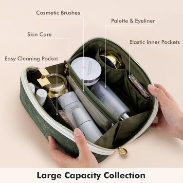 Косметичка для подорожей великого об'єму з прозорими перегородками, зелена квітка, водонепроникна, з PU-шкіри