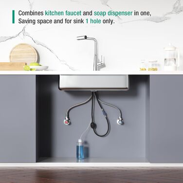 Кран кухонний водопровідний CREA Wasserfall висувний з дозатором мила, нержавіюча сталь, 360° обертання, 4 режими, хром