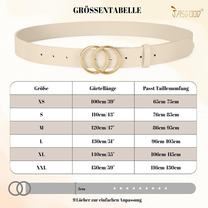 Жіночий шкіряний ремінь JasGood з подвійною кільцевою пряжкою для джинсів, штанів та суконь (бежевий, L:130см, обхват талії 96-105см)