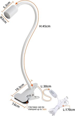 LED Лампа для читання на ліжко з кліпсою da LIGHT, диммер, 3 режими, USB, для навчання, роботи (біла)