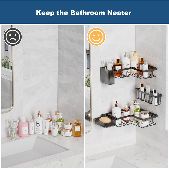 YEAUPE PRO Поличка для душу без свердління в кут – 5-елементний набір для ванної кімнати з 2 кутовими полицями, мильницею, тримачем для зубних щіток та кошиком, самоклеюча поличка на стіну, чорний кутовий кріплення
