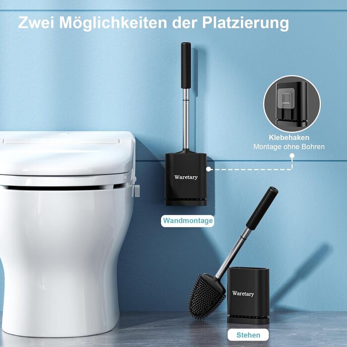 Щітка для унітазу Waretary з силіконовою щетиною та тримачем з нержавіючої сталі, гнучкий наконечник для глибокого очищення, швидковисихаюча, для кріплення на стіні або встановлення на підлогу, чорний