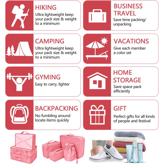 Органайзери для валізи: 8 комплектів, 7 кольорів. Організатори для подорожей, водонепроникні мішки для взуття, компресійні мішки. (Персиковий рожевий)
