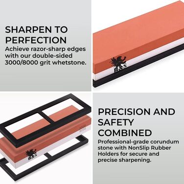 Набір точильного каміння H&S з неслизьким гумовим тримачем: двосторонній точильний камінь та брусок, зернистість 3000/8000, точилка для ножів, набір точильних каменів, мастильний камінь 10000, сталевий брусок