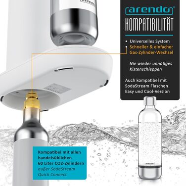 Arendo Soda Maker - Газова вода вдома: приготуйте газовану воду без цукру та барвників! Сумісний з CO2 балонами 60 л, пляшка 1000 мл, BPA free