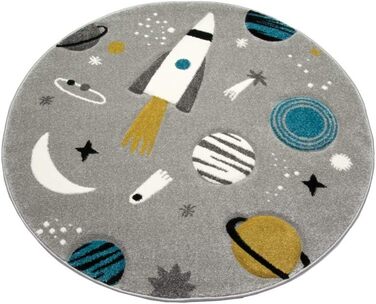 Merino Kids Space Learning Rug with Spaceship, Stars, and Planets in Gray, Size 200 x 290 cm
