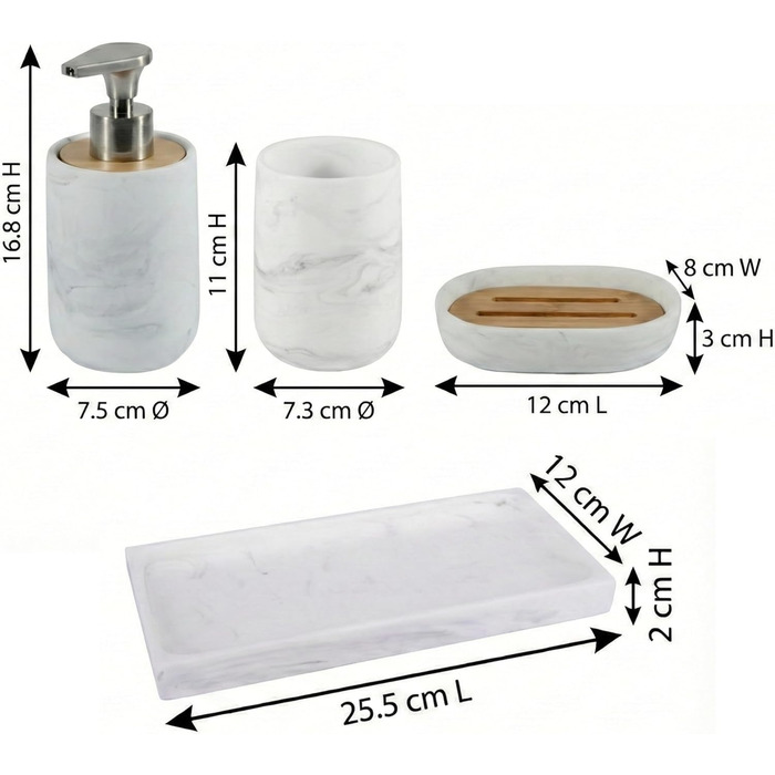 Набір для ванної кімнати 4 предмети з піддоном - дозатор для мила (цинковий сплав), стакан для зубних щіток, мильничка та поличка - мармуровий малюнок, бамбук - сучасний органайзер Marble