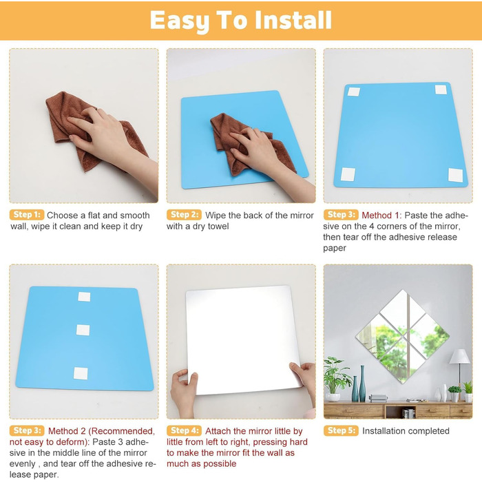 12 шт. акрилових дзеркал самоклеючих 20x20 см для ванної, вітальні, шафи | Дзеркальна плитка, настінні дзеркала