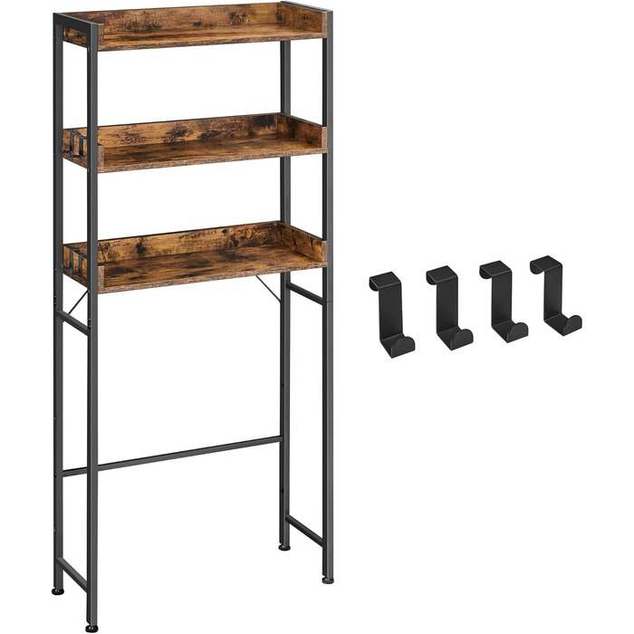 VASAGLE Toilet Shelf, 3 Tiers, Bathroom Shelf, Space-Saving, Easy to Assemble, for Laundry Room, Industrial Style, Rustic Brown and Black, BTS002B01