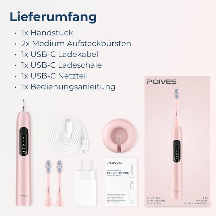 Електрична зубна щітка POIVES P1 Pro - ультразвукова, рожева перлина, з датчиком тиску, 4 роки гарантії