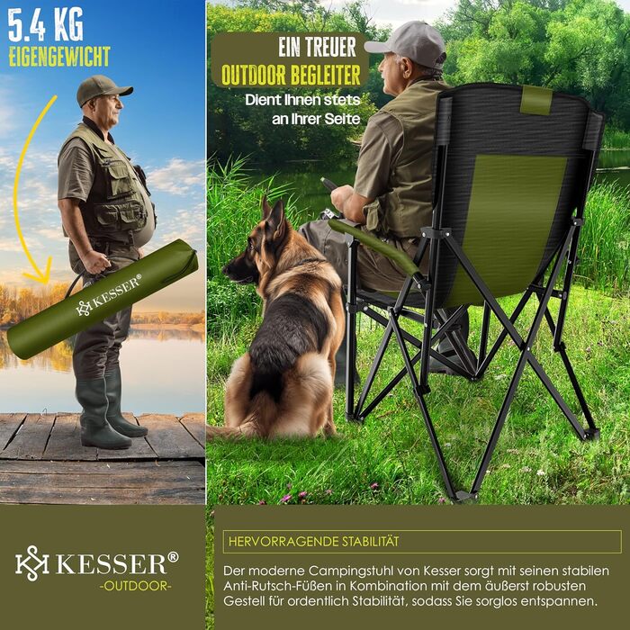 Кресlo для кемпінгу KESSER® з високою спинкою, 160 кг, з підлокітниками, тримачем для напоїв та світлом, хакі/чорний