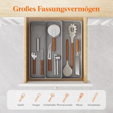 Органайзер для столових приладів Lifewit в шухляду, розширюваний 43.9 см, сірий, 40 см глибина, для кухні, ложок, ножів, лопаток