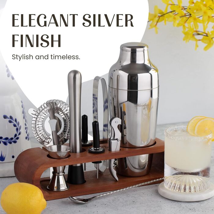 Набір для приготування коктейлів Mixology & Craft Cocktail Set (10 предметів) - Шейкер, аксесуари для бару в дерев'яному підставці з махогону, подарунковий набір, сріблястий, нержавіюча сталь, бамбук