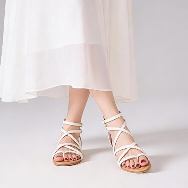 Босоніжки жіночі шкіряні на плоскій підошві Katliu в римському стилі, біло-коричневі (36 EU)