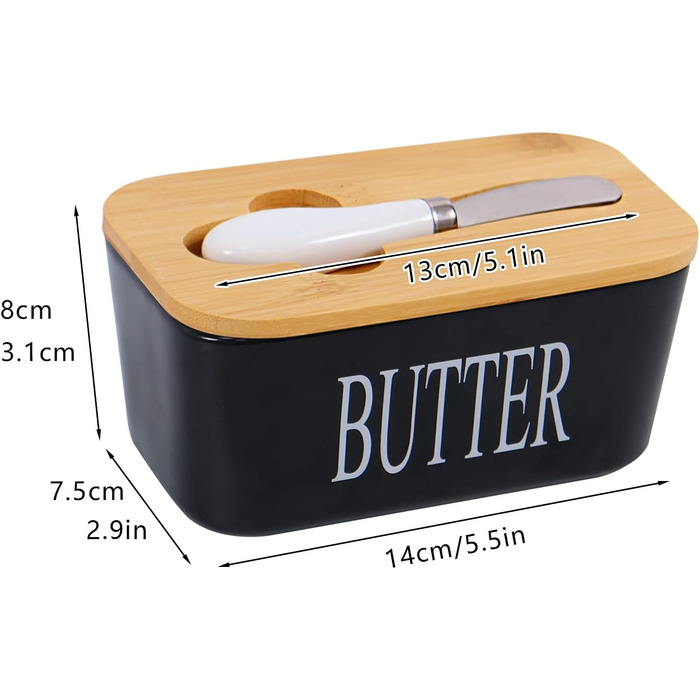 Porcelain butter dish with lid, airtight silicone butter keeper for butter, nuts, cheese, plus butter spreader.
