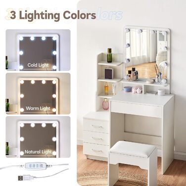 Туалетний столик CLIPOP білий з дзеркалом і LED підсвіткою, 5 шухляд, 4 відкриті полиці, стілець, 80x40x130 см