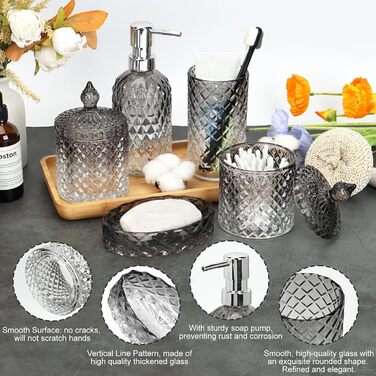 Набір аксесуарів для ванної кімнати зі скла (5 шт.) - чорний: мильниця, диспенсер для мила, тримач для зубних щіток, контейнер для ватних паличок, стакан