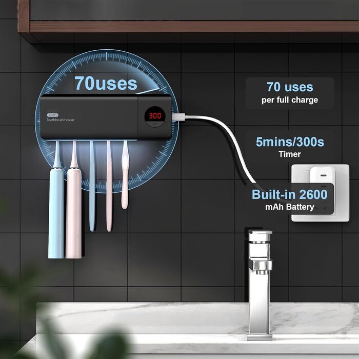 Стерилізатор зубних щіток DSHOW UV з таймером, бездротовий настінний, 2000mAh, білий/чорний