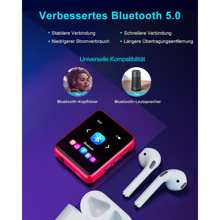 MP3 плеєр 32GB Bluetooth 5.0 з сенсорним екраном, HiFi, радіо, диктофон (червоний)