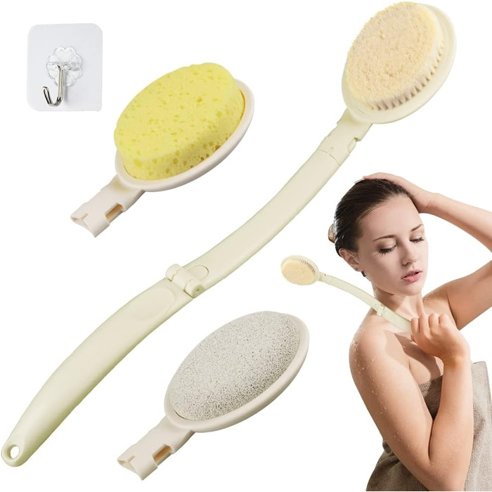 3-в-1 скребок для спини, аплікатор крему для тіла з довгим руків'ям, губка, пемза, люфа для душу. Білий, універсальний розмір