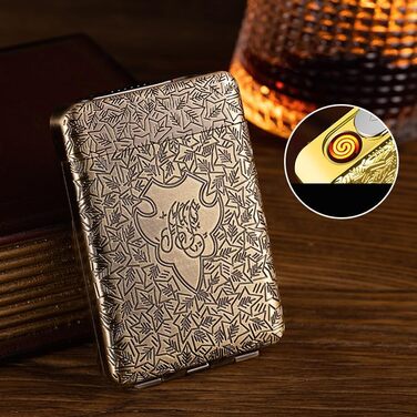 Cigarette case with lighter, cigarette box, electronic integrated flameless lighter, rechargeable, 16 pieces, 84mm King Size cigarettes, cigarette box, retro bronze