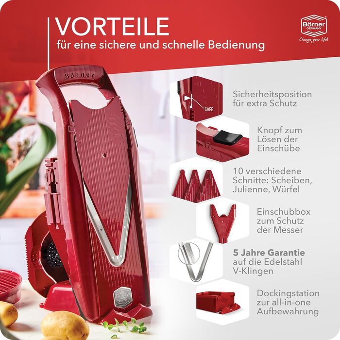 Набір Börner Gemüsehobel V5 (Profi Set): 7-частинний набір для нарізки овочів з регульованим V-подібним ножем з нержавіючої сталі, включає док-станцію. Червоний колір.