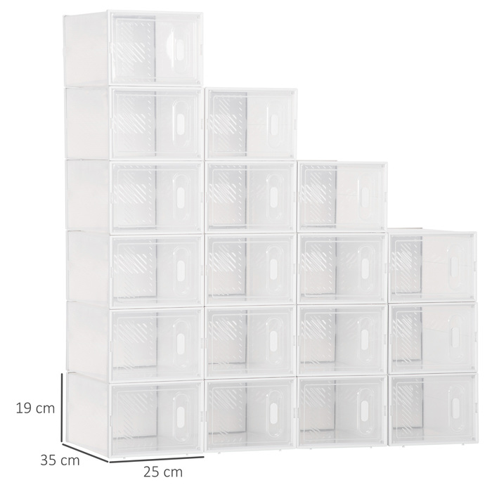 HOMCOM Set of 18 Modular Shoe Storage Boxes with Transparent Doors - Dimensions 25W x 35D x 19H cm | Aosom