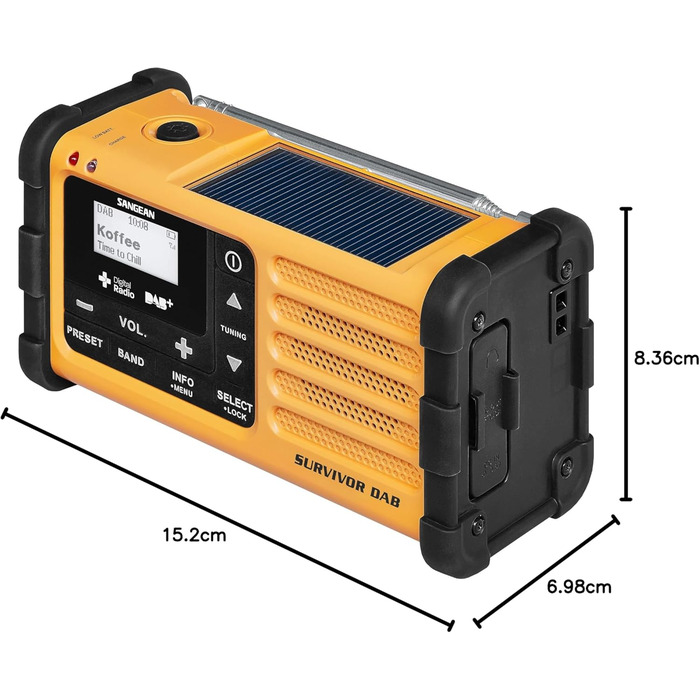 Радіо Sangean MMR-88 DAB: Багатофункціональне аварійне радіо з ручним заводом, DAB+, FM-RDS, LED-ліхтарик, для відпочинку на природі, кемпінгу та надзвичайних ситуацій, жовте
