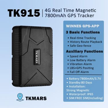 GPS-трекер TKMARS TK915 для авто, 4G, 7800 мА·год, магнітний, водонепроникний, тривоги, безкоштовний додаток, без підписки