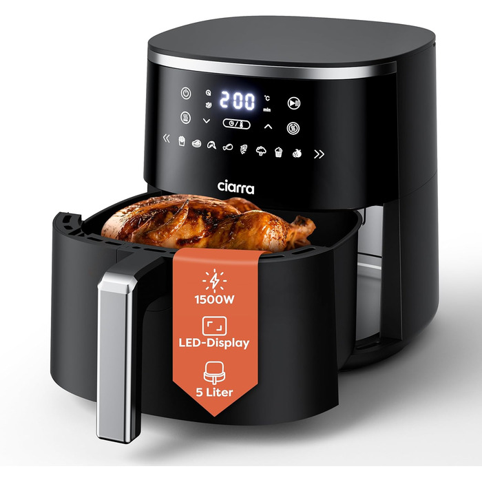 Фритюрниця без олії Ciarra CBAWAF1A AirFryer XL 5л, 1500W, 8 програм, 80-200°C, RapidAir, Touchscreen, Чорний