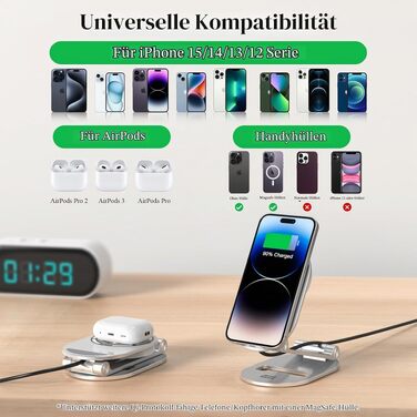Магнітна бездротова зарядна станція Minthouz 20W USB-C: регульована підставка з алюмінію для iPhone 16, 15, 14, 13, 12 та AirPods Pro