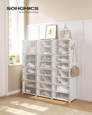 SONGMICS 10-Tier Shoe Rack, Shoe Cabinet, 30 x 40 x 30 cm per compartment, slim, with doors, steel frame, plastic, for hallway, bedroom, entrance area, LPC035B01 (12 compartments (124.4B x 124.6H cm), White)
