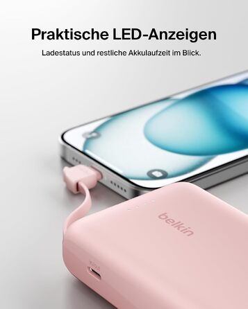Повербанк Belkin BoostCharge 10000mAh з вбудованим кабелем USB-C, 20W, LED-індикатором, рожевий