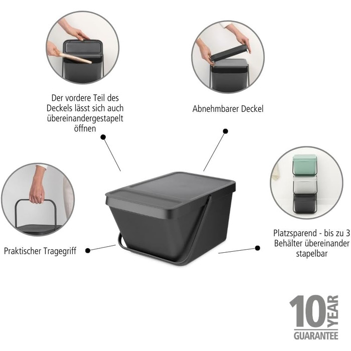Сміттєвий кошик Brabantia Sort & Go з кришкою, 20 л, сірий — компактний контейнер для сортування відходів та тари